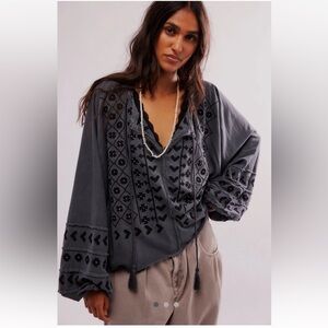 Free People Savannah Embroidered Top Balloon Sleeves Slouchy Wash Black